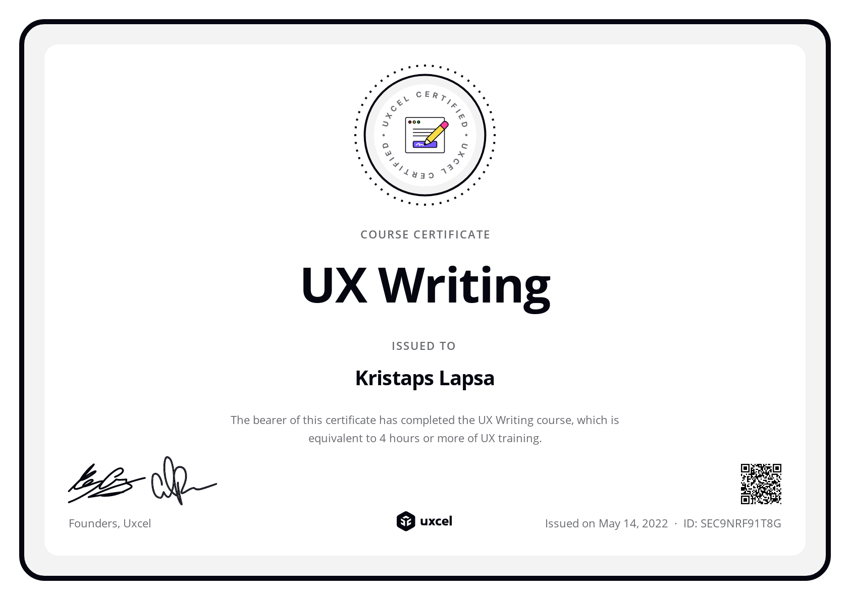 Kristaps Lapsa's certificate